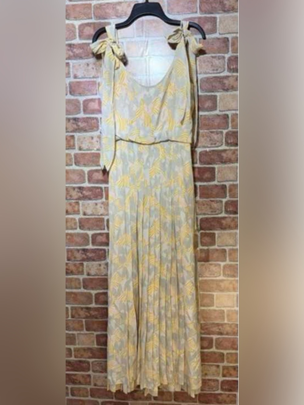 butter yellow /gray 100% silk maxi Tory Burch Adelaide tie strap flowy sundress